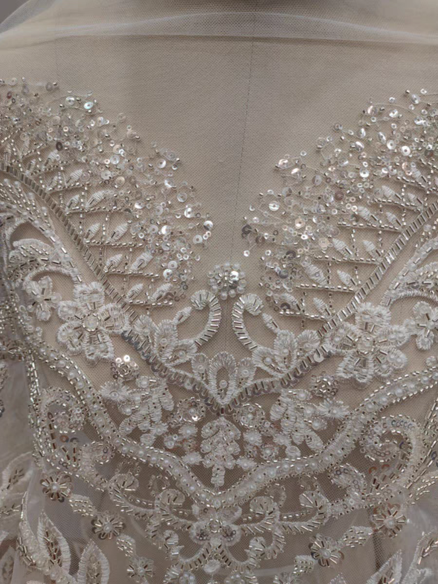 High quality heavy industry luxury style nail embroidery silver bead sequins lace mesh wedding dress lace clothing accessories | Amehandmadesg