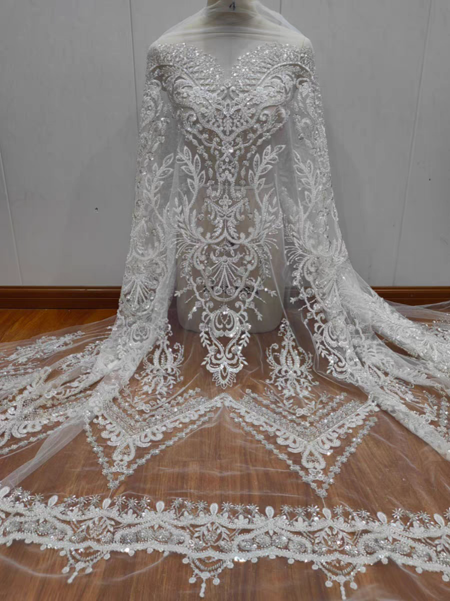 High quality heavy industry luxury style nail embroidery silver bead sequins lace mesh wedding dress lace clothing accessories | Amehandmadesg