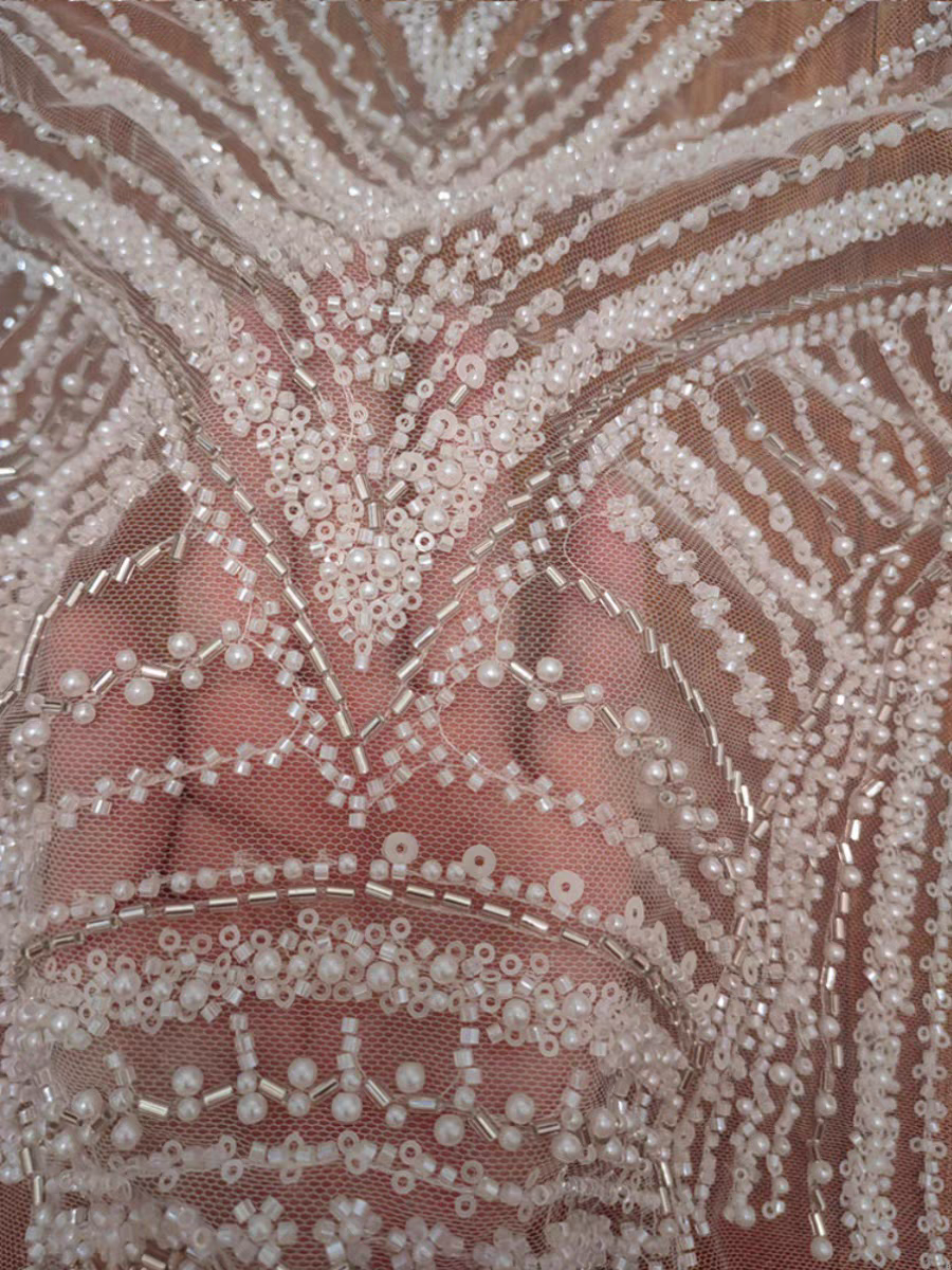 Heavy industry full white beaded lace wedding dress accessories clothing dress lace DIY handmade decorative fabric