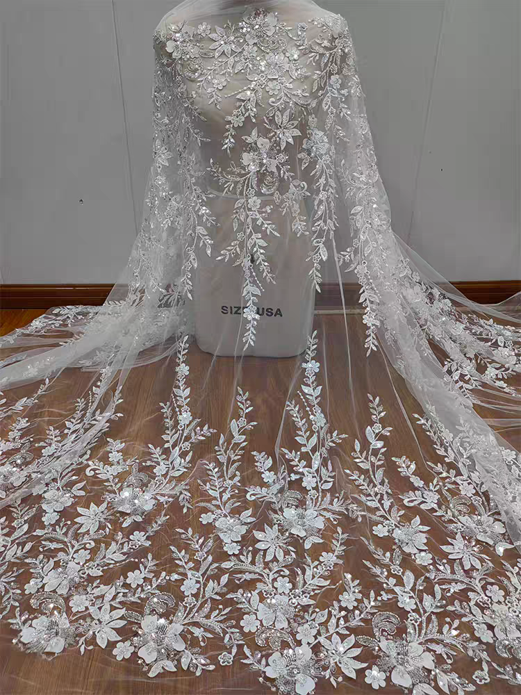 Classic white beaded sequin embroidered floral lace mesh wedding veil veil dress DIY lace clothing accessories | Amehandmadesg
