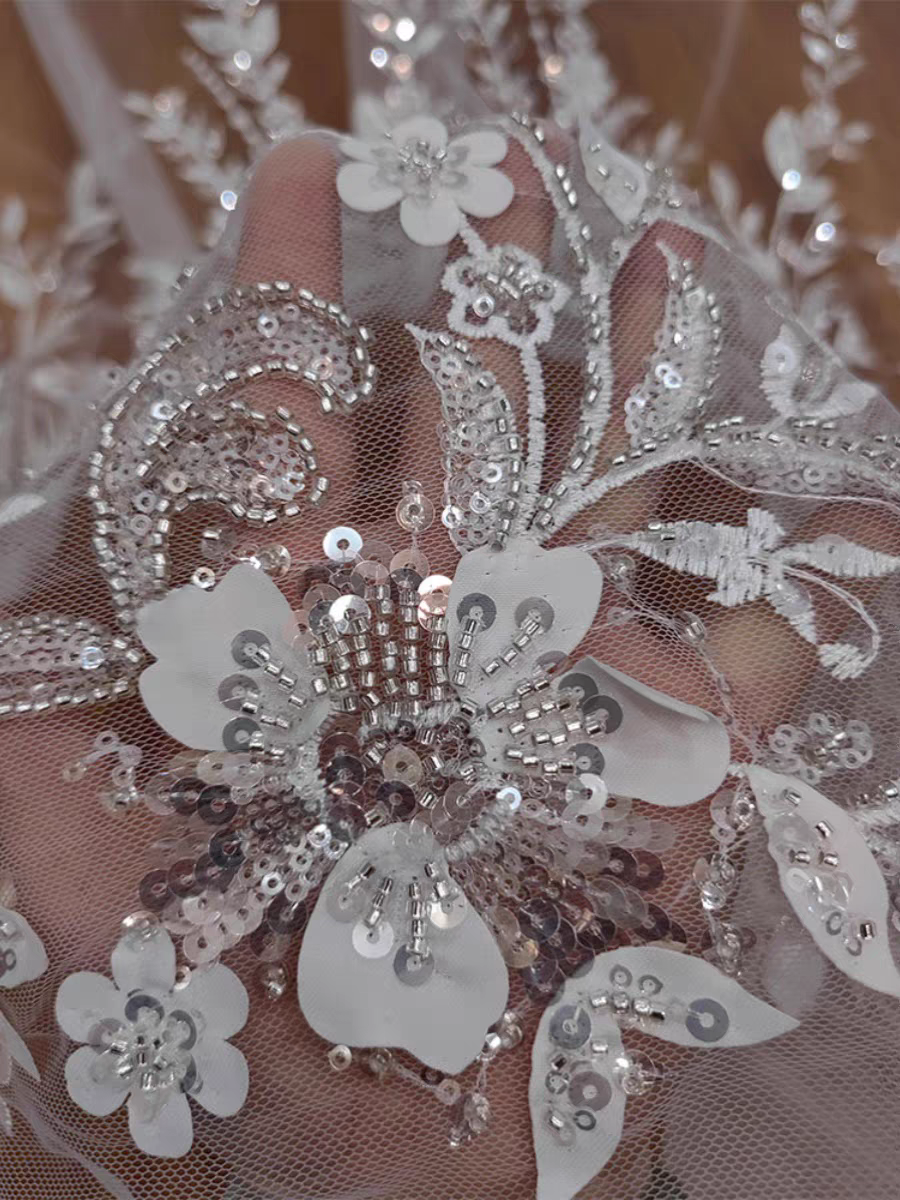 Classic white beaded sequin embroidered floral lace mesh wedding veil veil dress DIY lace clothing accessories | Amehandmadesg