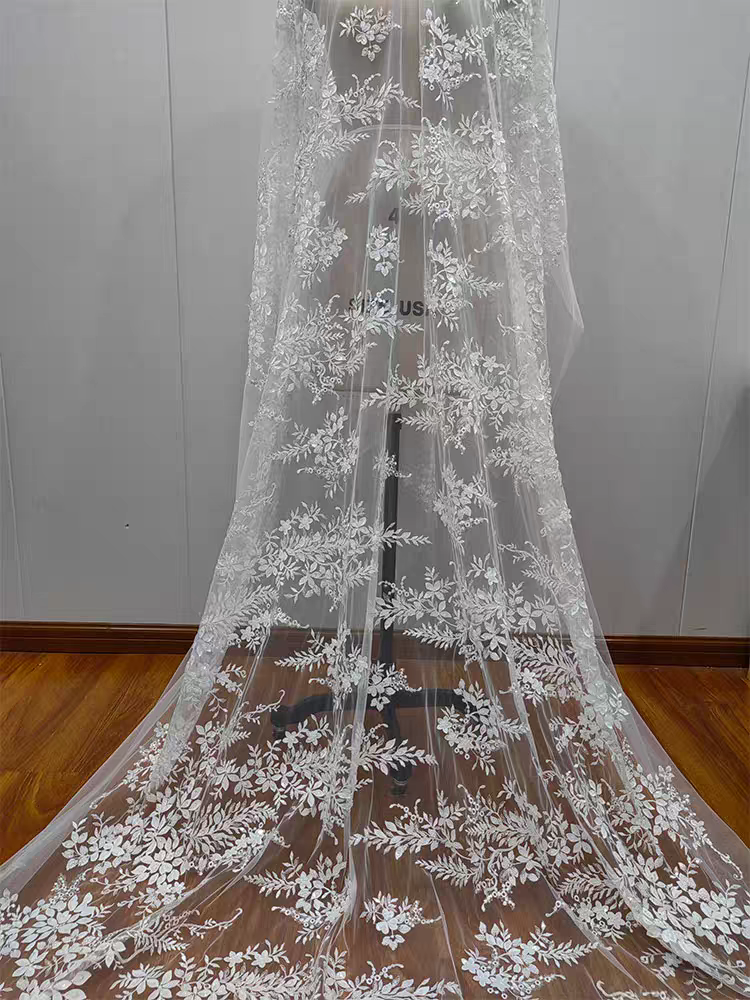 New Beaded White Sequins Pearl Flowers and Leaves Lace Mesh Wedding Dress DIY Lace Clothing Accessories | Amehandmadesg
