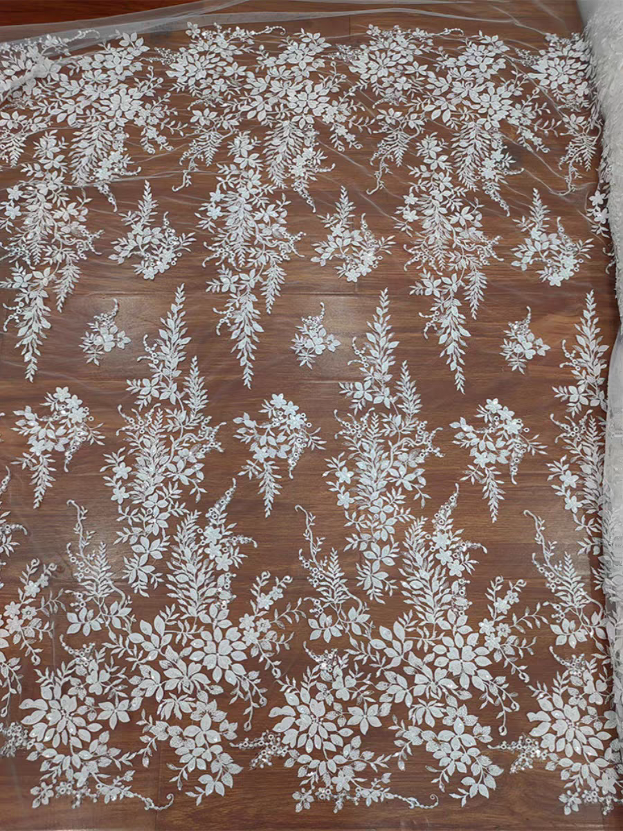 New Beaded White Sequins Pearl Flowers and Leaves Lace Mesh Wedding Dress DIY Lace Clothing Accessories | Amehandmadesg