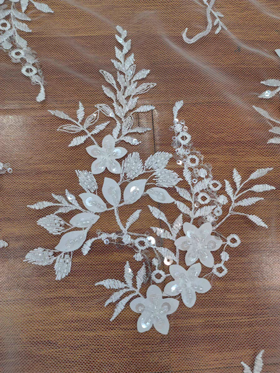 New Beaded White Sequins Pearl Flowers and Leaves Lace Mesh Wedding Dress DIY Lace Clothing Accessories | Amehandmadesg