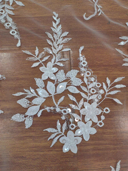 New Beaded White Sequins Pearl Flowers and Leaves Lace Mesh Wedding Dress DIY Lace Clothing Accessories