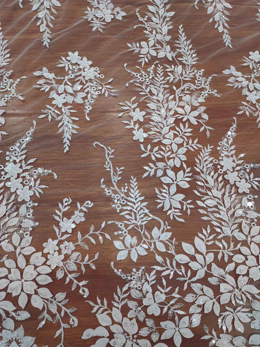 New Beaded White Sequins Pearl Flowers and Leaves Lace Mesh Wedding Dress DIY Lace Clothing Accessories | Amehandmadesg