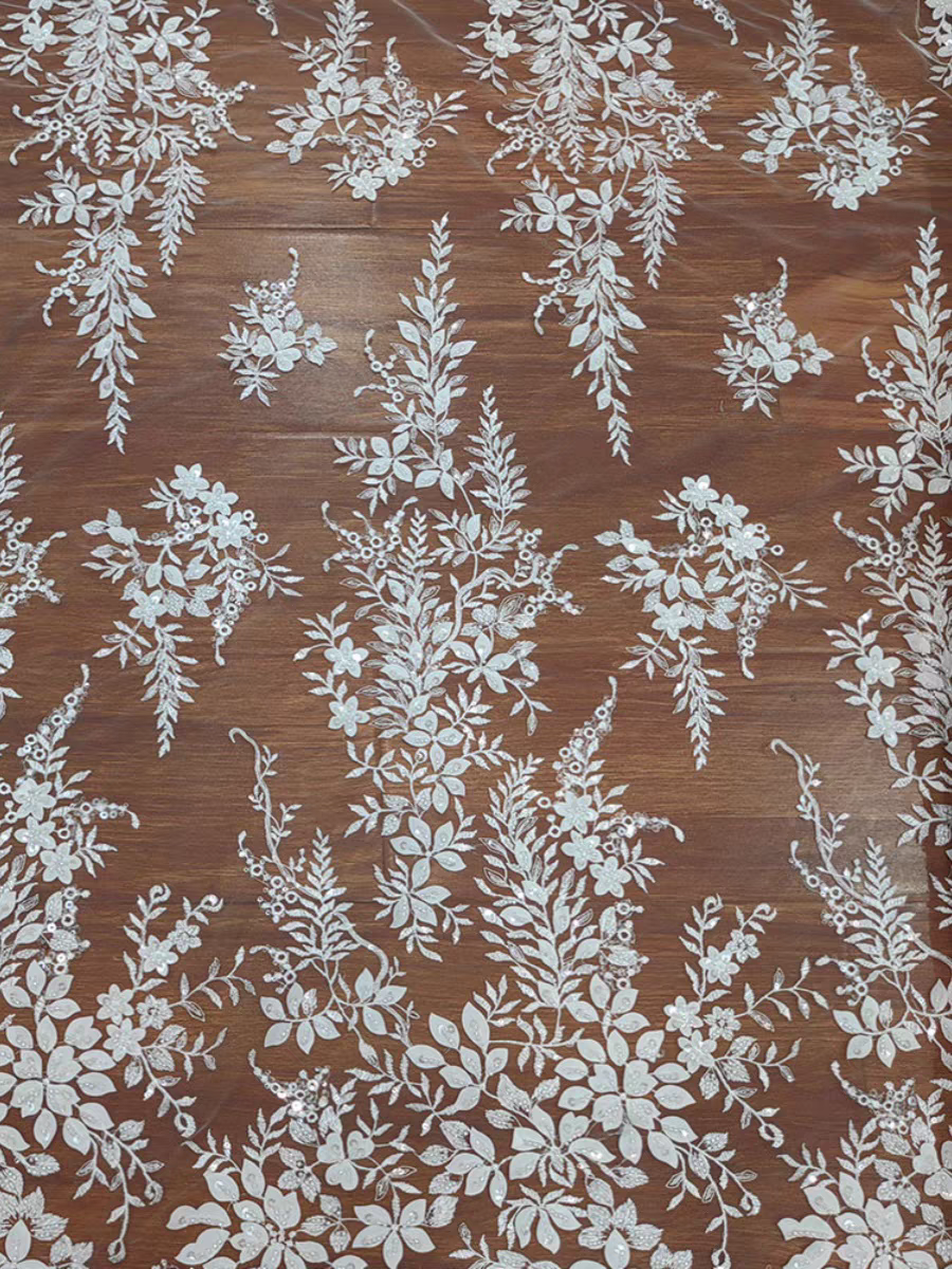 New Beaded White Sequins Pearl Flowers and Leaves Lace Mesh Wedding Dress DIY Lace Clothing Accessories | Amehandmadesg