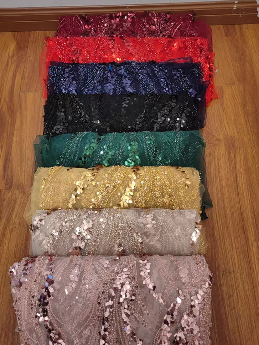Heavy industry wedding dress lace fabric multi-color beaded sequin dress mesh fabric DIY decorative clothing accessories lace