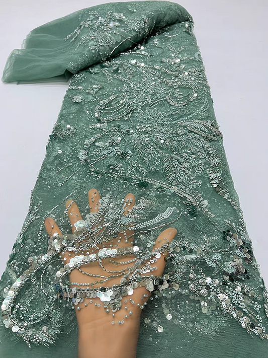 Army green lace mesh fabric beaded tube embroidery beaded random pattern sequins sequins embroidery fabric dress wedding dress cheongsam | Amehandmadesg