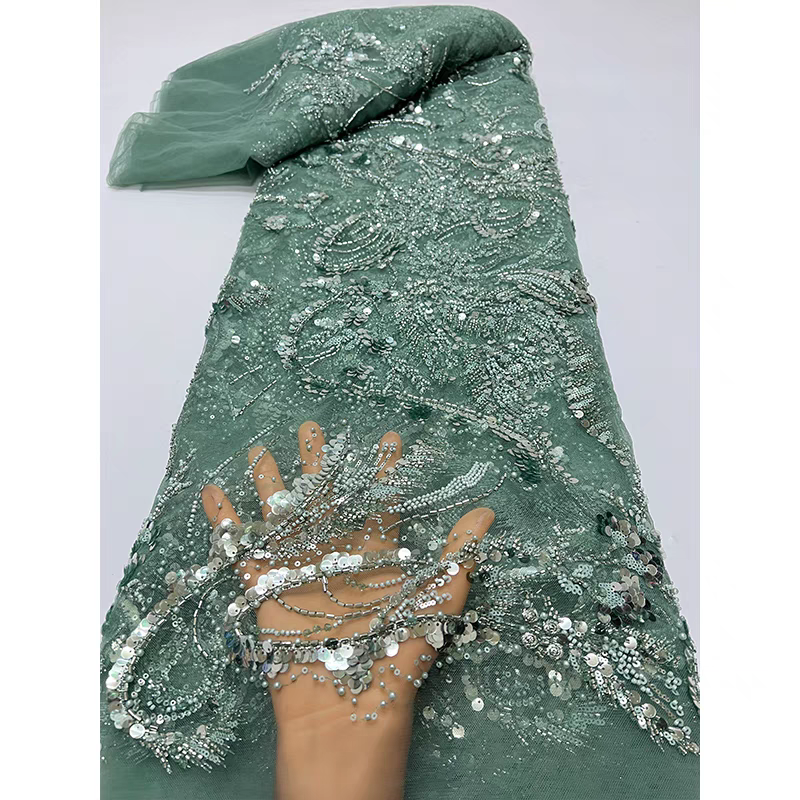 Army green lace mesh fabric beaded tube embroidery beaded random pattern sequins sequins embroidery fabric dress wedding dress cheongsam | Amehandmadesg