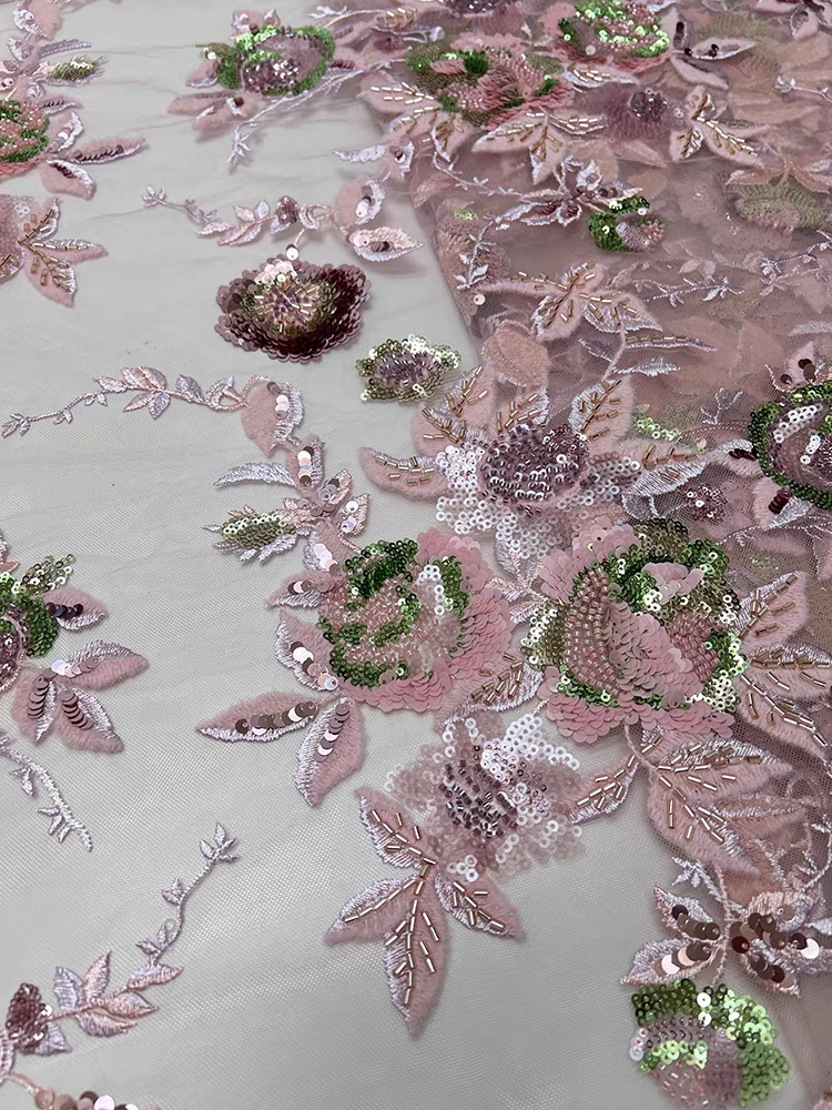 Light blue mesh fabric heavy bead tube embroidery beaded flower pattern multi-color sequins embroidery fabric wedding dress