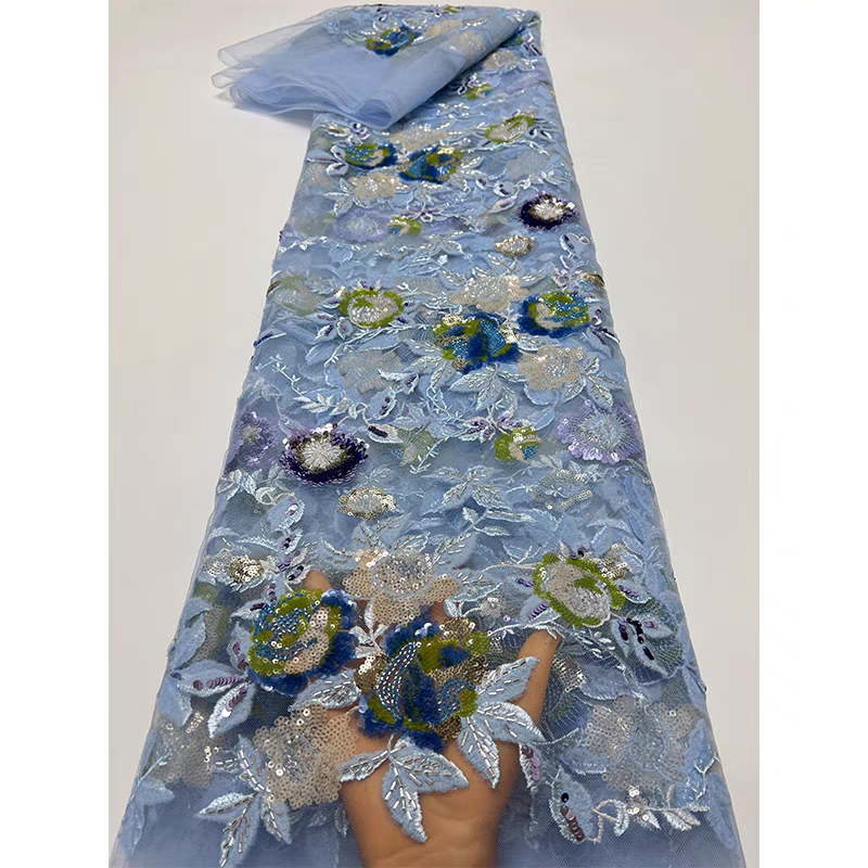 Light blue mesh fabric heavy bead tube embroidery beaded flower pattern multi-color sequins embroidery fabric wedding dress