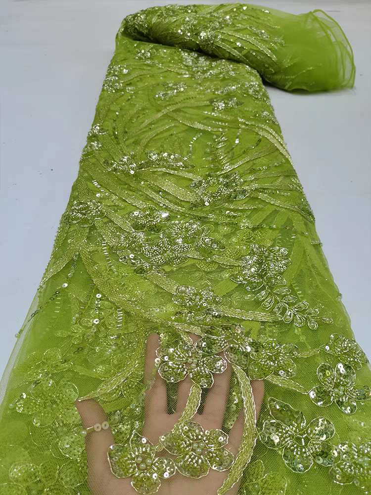 European and American green mesh fabric bead tube embroidery beaded three-dimensional flower pattern sequin embroidery fabric dress clothing wedding dress 5y