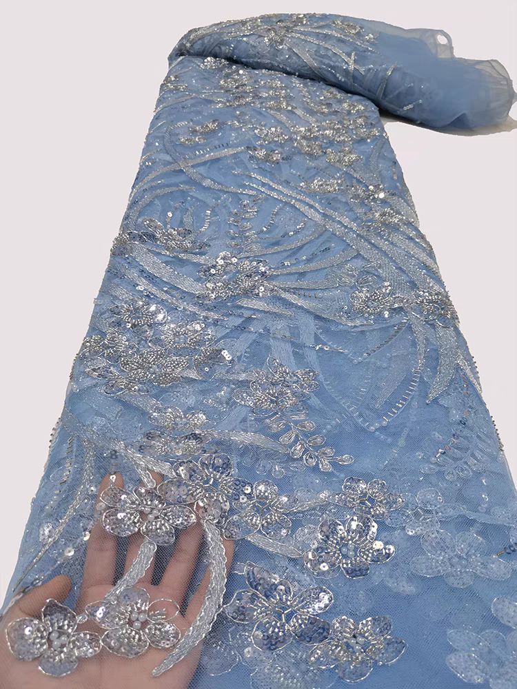 European and American green mesh fabric bead tube embroidery beaded three-dimensional flower pattern sequin embroidery fabric dress clothing wedding dress 5y