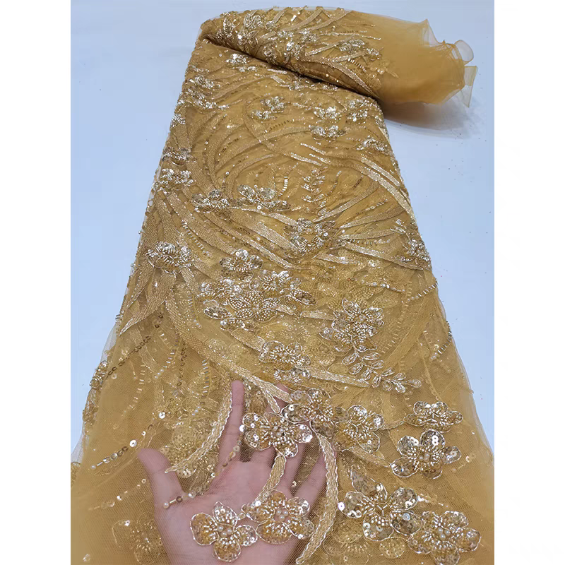 European and American green mesh fabric bead tube embroidery beaded three-dimensional flower pattern sequin embroidery fabric dress clothing wedding dress 5y