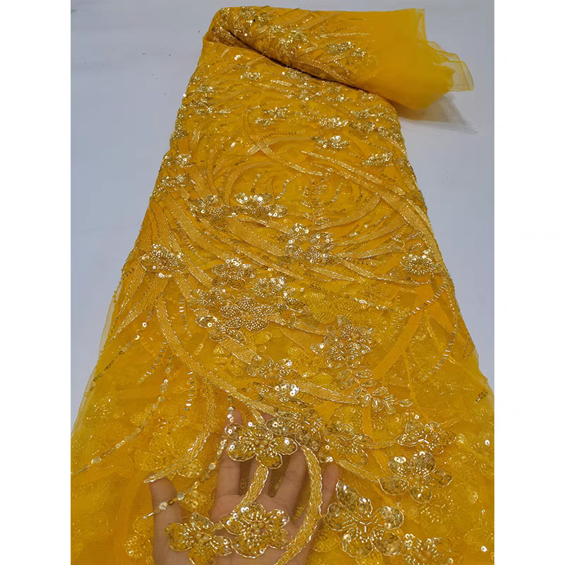 European and American green mesh fabric bead tube embroidery beaded three-dimensional flower pattern sequin embroidery fabric dress clothing wedding dress 5y