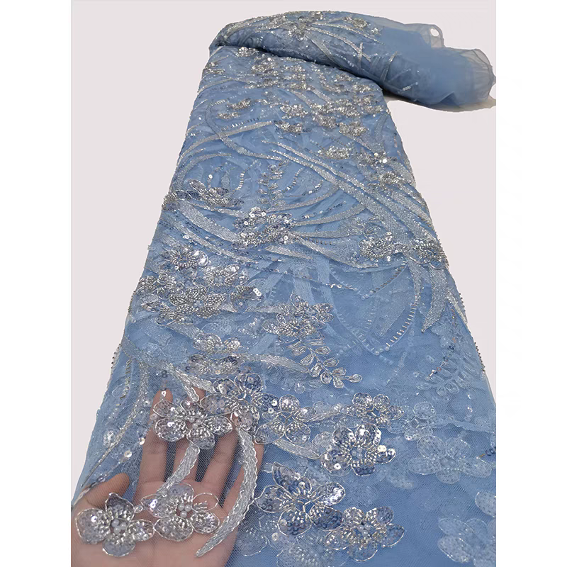 European and American green mesh fabric bead tube embroidery beaded three-dimensional flower pattern sequin embroidery fabric dress clothing wedding dress 5y