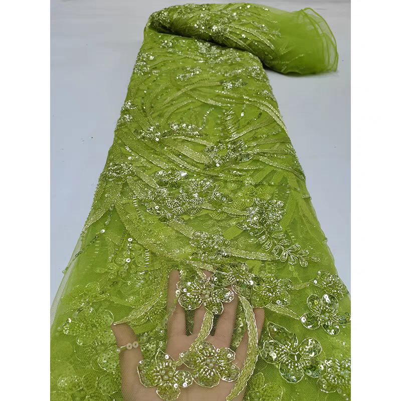 European and American green mesh fabric bead tube embroidery beaded three-dimensional flower pattern sequin embroidery fabric dress clothing wedding dress 5y