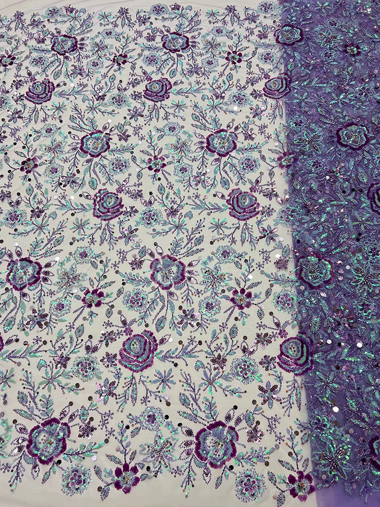 New purple mesh fabric heavy five-bead bead tube embroidery type sequins embroidery fabric dress dress