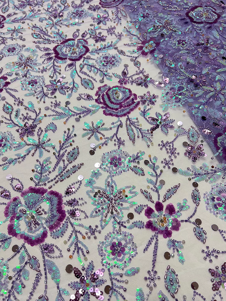New purple mesh fabric heavy five-bead bead tube embroidery type sequins embroidery fabric dress dress