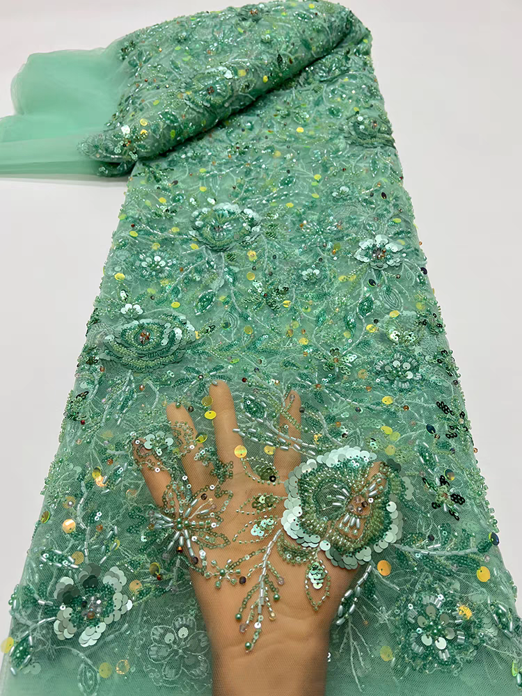 New purple mesh fabric heavy five-bead bead tube embroidery type sequins embroidery fabric dress dress