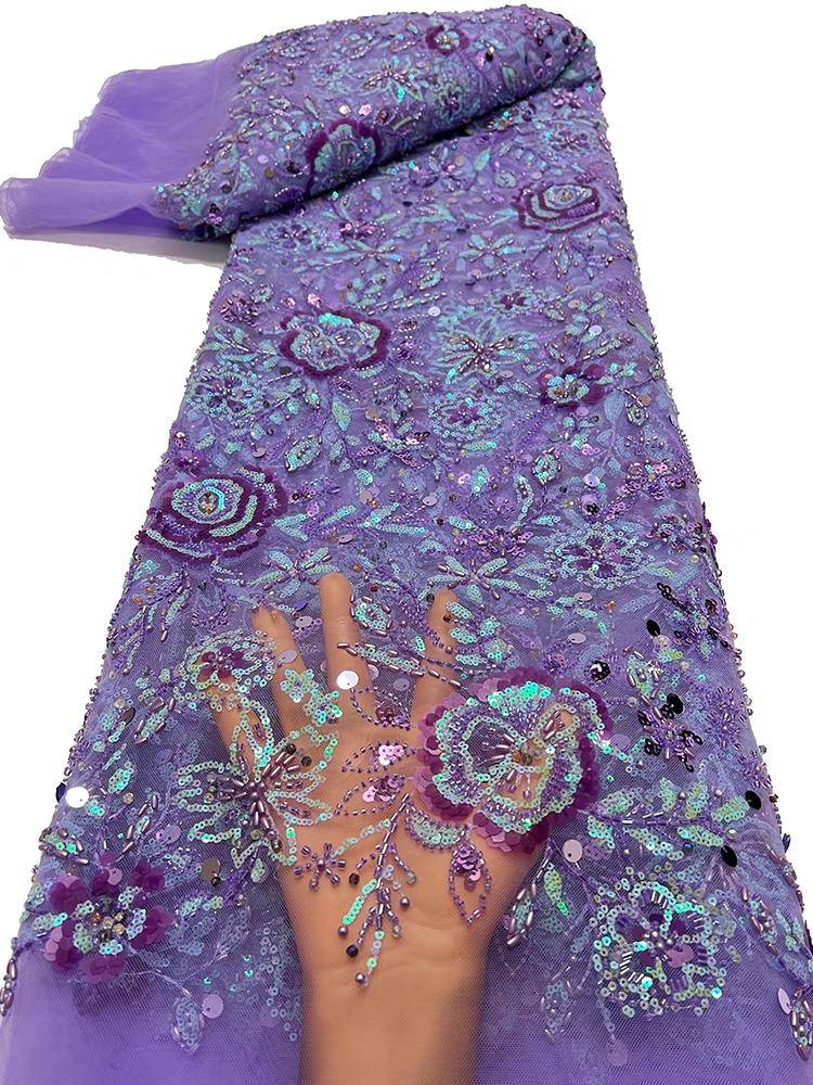 New purple mesh fabric heavy five-bead bead tube embroidery type sequins embroidery fabric dress dress