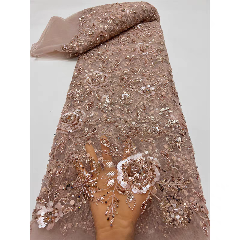New purple mesh fabric heavy five-bead bead tube embroidery type sequins embroidery fabric dress dress