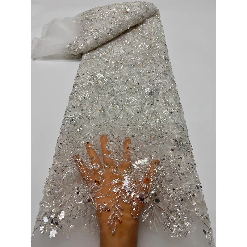 New purple mesh fabric heavy five-bead bead tube embroidery type sequins embroidery fabric dress dress