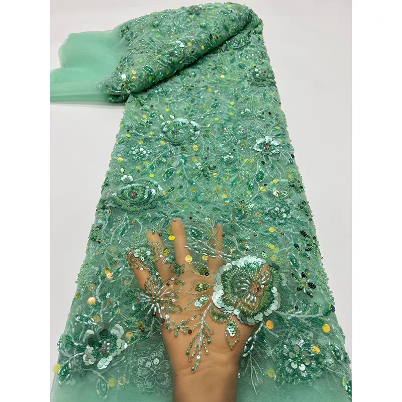 New purple mesh fabric heavy five-bead bead tube embroidery type sequins embroidery fabric dress dress