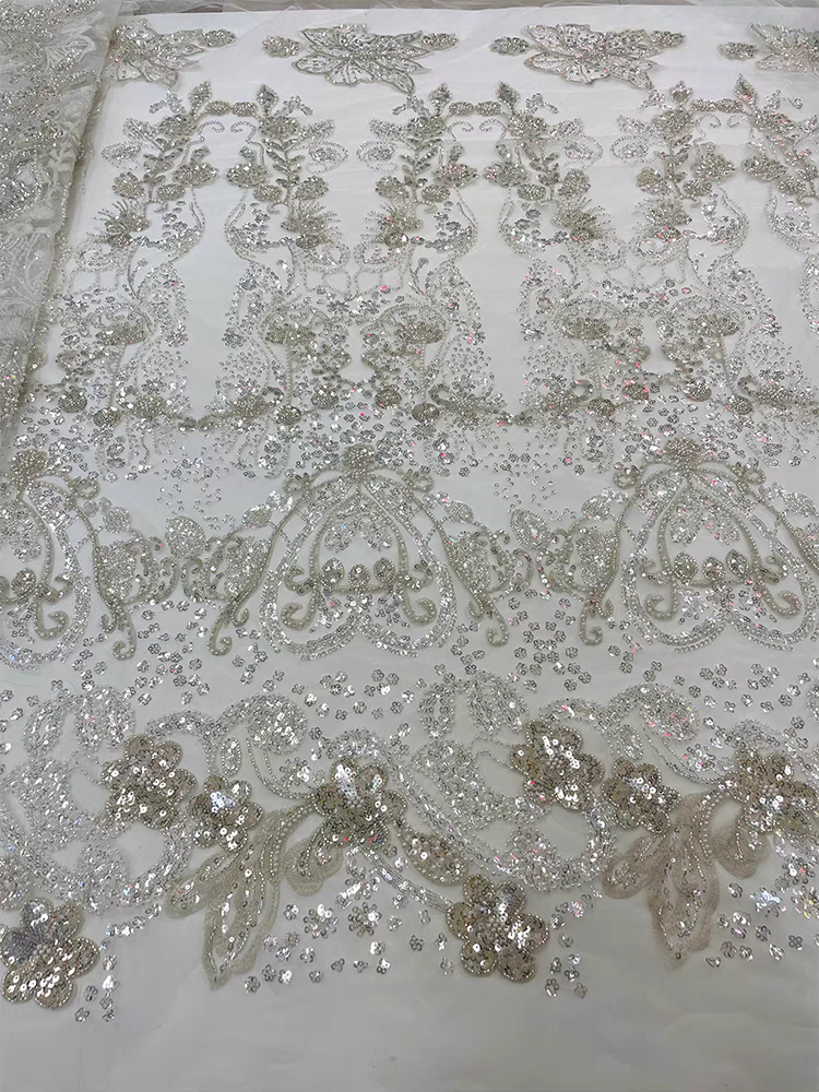Green lace beaded mesh fabric pearl three-dimensional flower pattern sequin embroidery fabric dress clothing wedding dress 5y