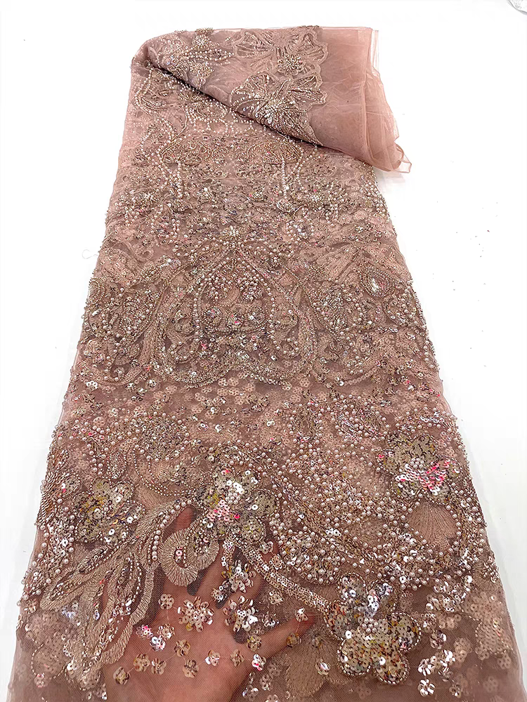 Green lace beaded mesh fabric pearl three-dimensional flower pattern sequin embroidery fabric dress clothing wedding dress 5y