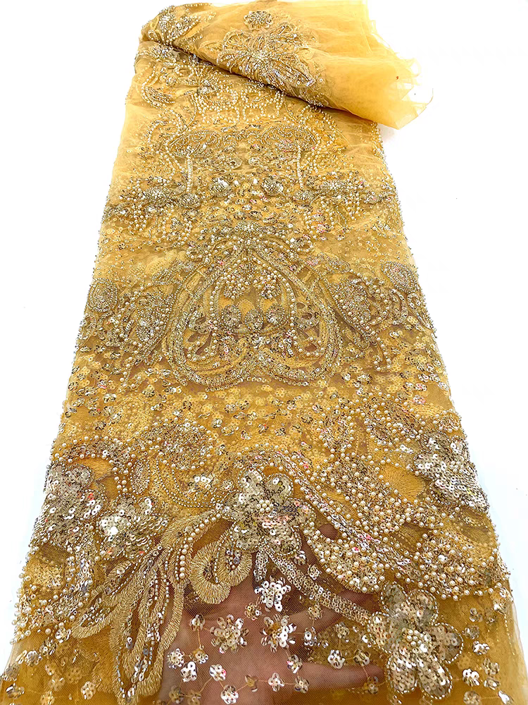 Green lace beaded mesh fabric pearl three-dimensional flower pattern sequin embroidery fabric dress clothing wedding dress 5y