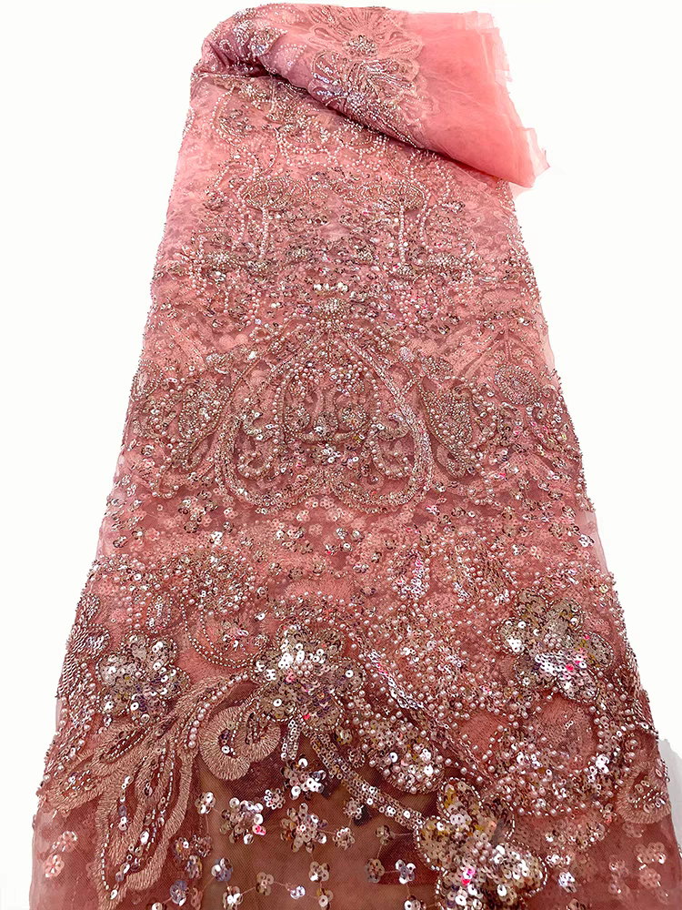 Green lace beaded mesh fabric pearl three-dimensional flower pattern sequin embroidery fabric dress clothing wedding dress 5y