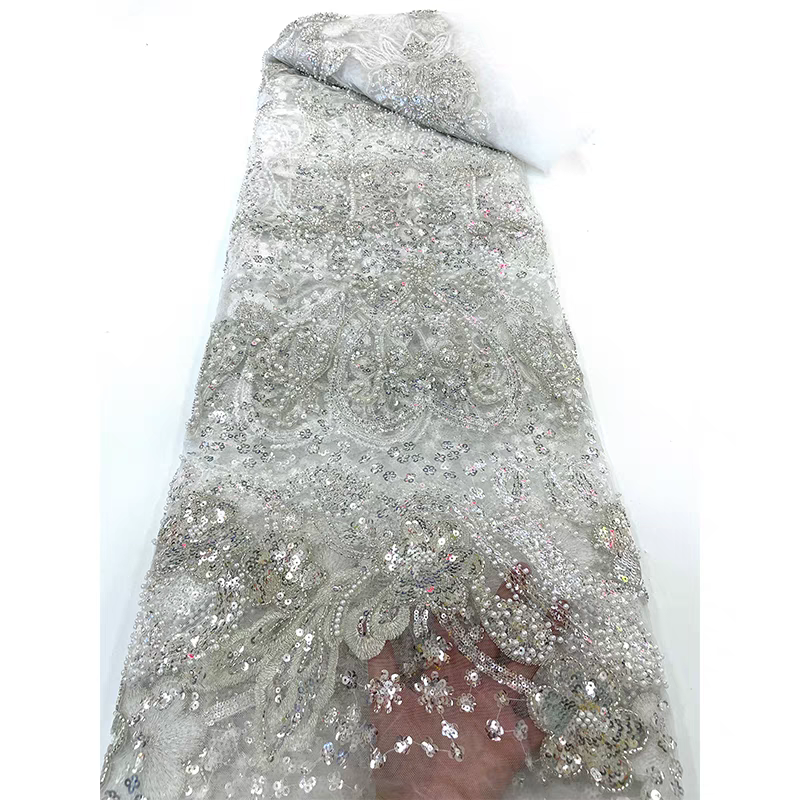 Green lace beaded mesh fabric pearl three-dimensional flower pattern sequin embroidery fabric dress clothing wedding dress 5y