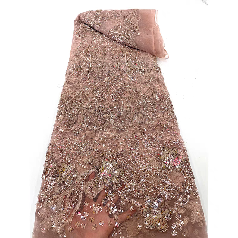 Green lace beaded mesh fabric pearl three-dimensional flower pattern sequin embroidery fabric dress clothing wedding dress 5y