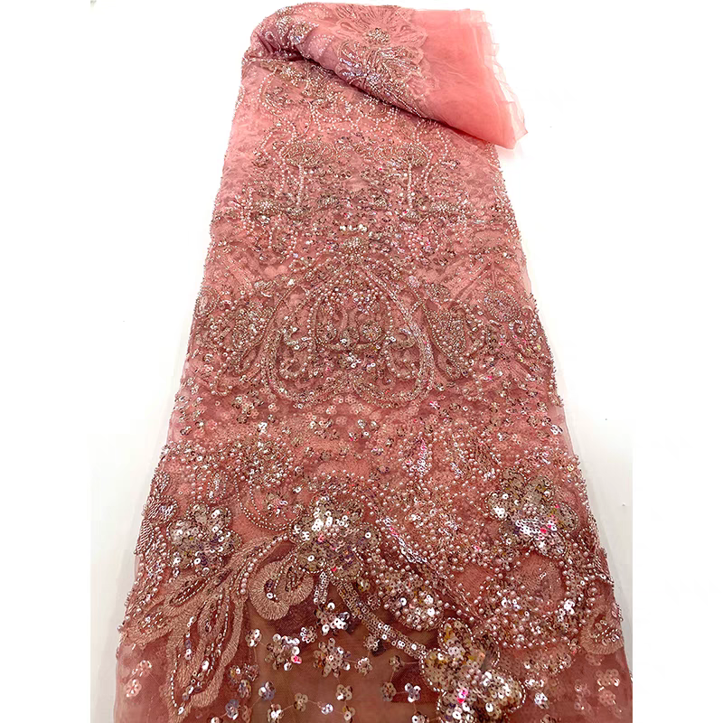 Green lace beaded mesh fabric pearl three-dimensional flower pattern sequin embroidery fabric dress clothing wedding dress 5y