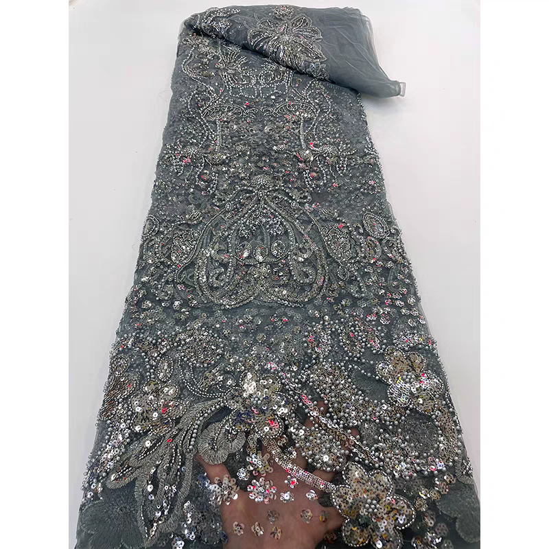 Green lace beaded mesh fabric pearl three-dimensional flower pattern sequin embroidery fabric dress clothing wedding dress 5y