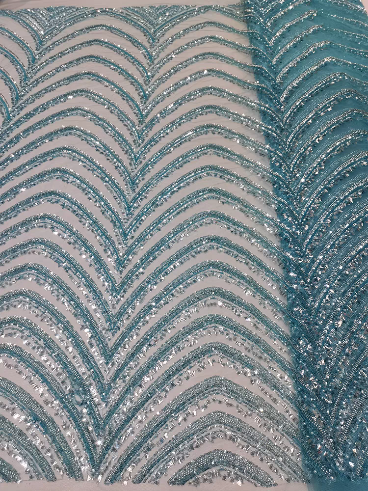 Lace mesh fabric stripes heavy bead tube embroidery beaded triangle piece sequin embroidery fabric dress wedding dress 5y