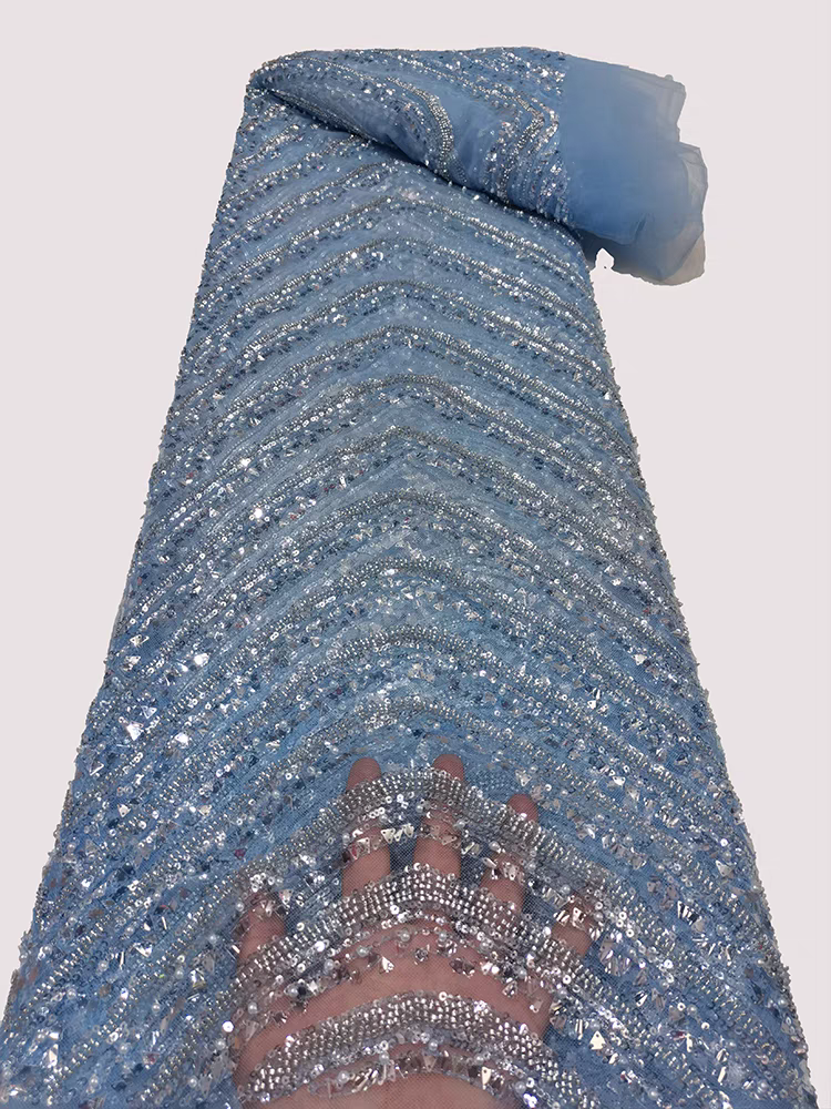 Lace mesh fabric stripes heavy bead tube embroidery beaded triangle piece sequin embroidery fabric dress wedding dress 5y