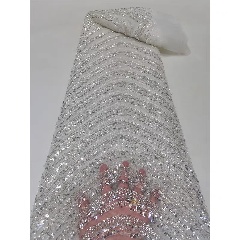 Lace mesh fabric stripes heavy bead tube embroidery beaded triangle piece sequin embroidery fabric dress wedding dress 5y