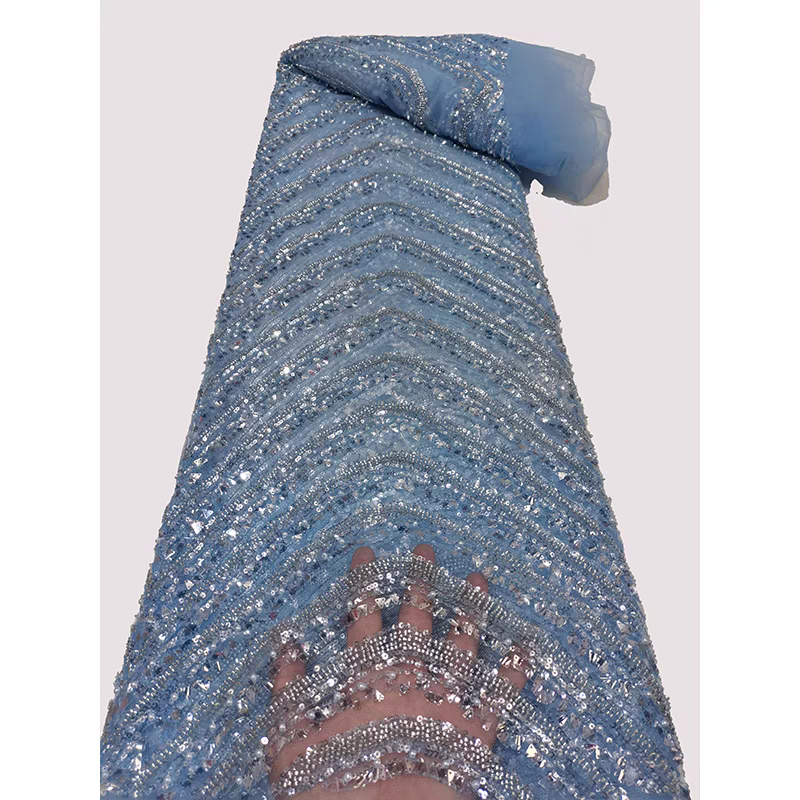 Lace mesh fabric stripes heavy bead tube embroidery beaded triangle piece sequin embroidery fabric dress wedding dress 5y