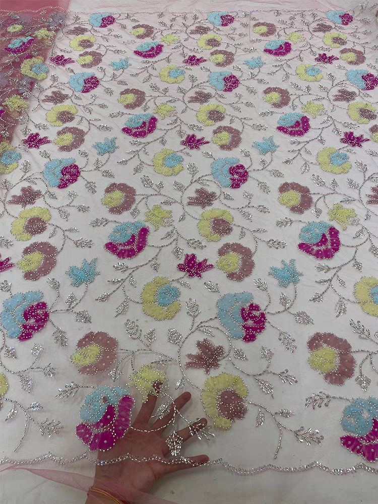 New spot apricot mesh fabric color bead tube embroidery bubble beads sequin embroidery fabric dress wedding dress children's clothing