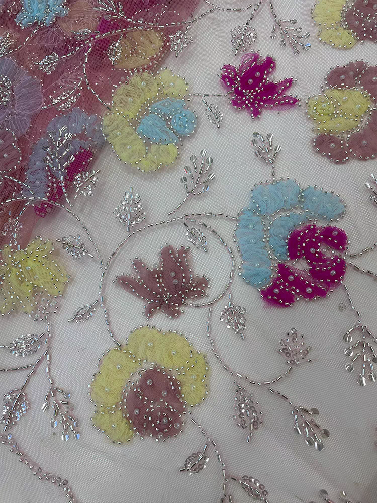New spot apricot mesh fabric color bead tube embroidery bubble beads sequin embroidery fabric dress wedding dress children's clothing
