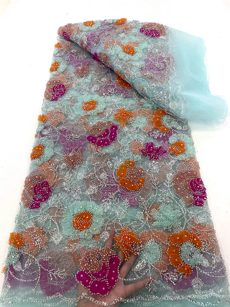 New spot apricot mesh fabric color bead tube embroidery bubble beads sequin embroidery fabric dress wedding dress children's clothing