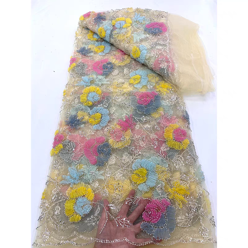 New spot apricot mesh fabric color bead tube embroidery bubble beads sequin embroidery fabric dress wedding dress children's clothing