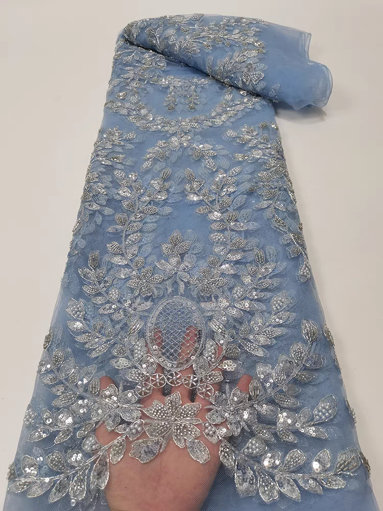Blue lace mesh fabric flower beading tube embroidery sequin embroidery fabric dress clothing Five yards