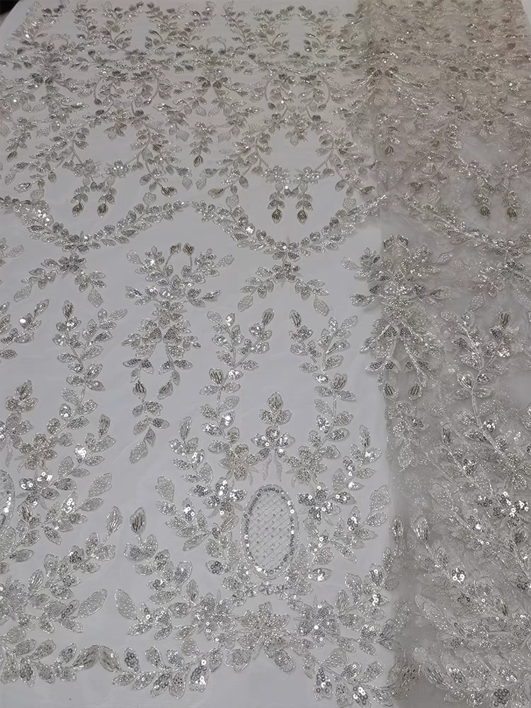 Blue lace mesh fabric flower beading tube embroidery sequin embroidery fabric dress clothing Five yards