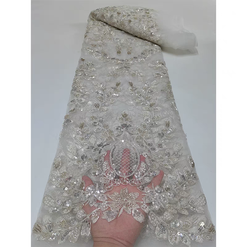 Blue lace mesh fabric flower beading tube embroidery sequin embroidery fabric dress clothing Five yards