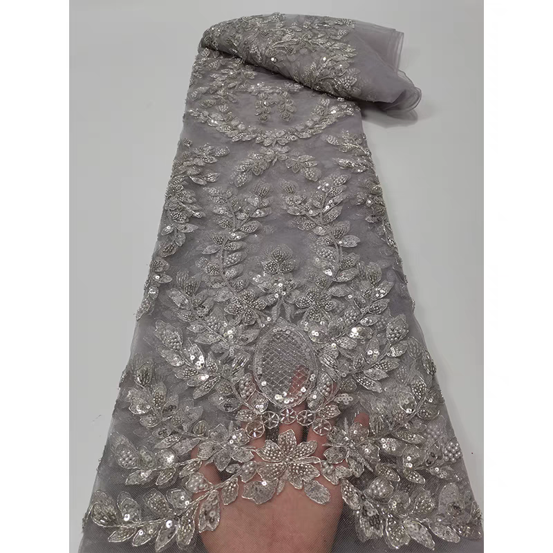Blue lace mesh fabric flower beading tube embroidery sequin embroidery fabric dress clothing Five yards