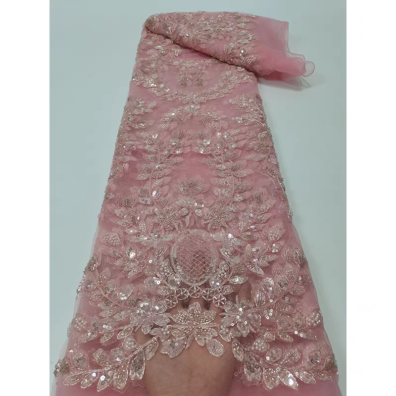 Blue lace mesh fabric flower beading tube embroidery sequin embroidery fabric dress clothing Five yards
